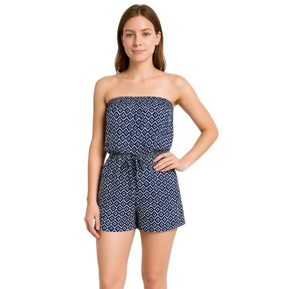 Ocean Club X-Small Blue White Geometric Romper Off Shoulder Smocked Tie Waist - Picture 1 of 14